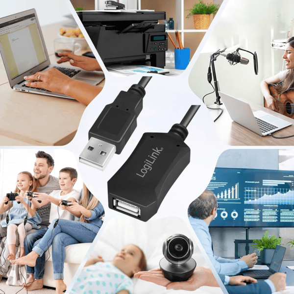 USB 2.0-kabel, USB-A/M til USB-A/F, forstærker, sort, 5m