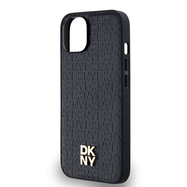 DKNY Lædermonogrammønster Metal Logo MagSafe-etui til iPhone 14, Sort