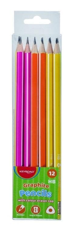 HB-penna med suddgummi, triangulär, neon, 12 st.