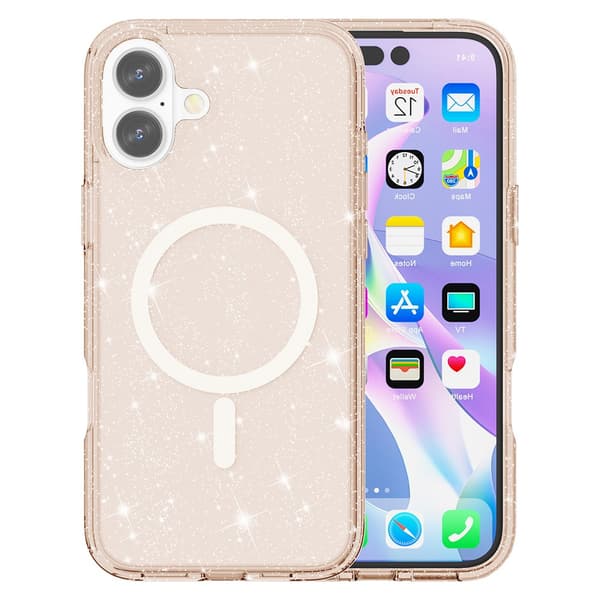 iPhone 17 cover, MagSafe-resistent, glitter, gennemsigtig guld