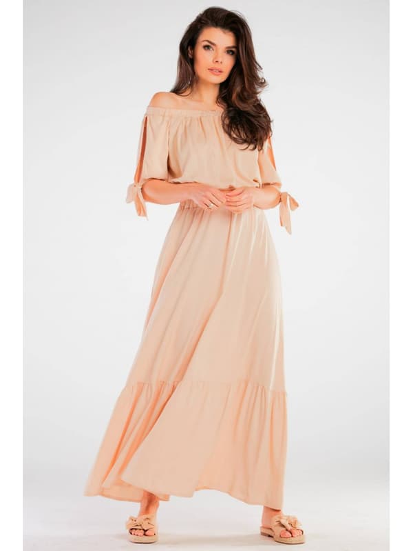 Sommar, luftig viskosmaxikjol, beige L/XL
