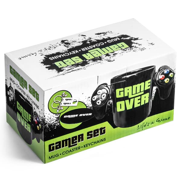 GAME OVER SÆT: krus, bordskåner, nøgleringe