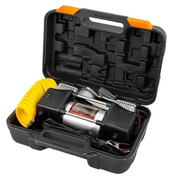 Bilkompressor 12V dobbeltstempelkompressor 65l/min med manometer, kuffert