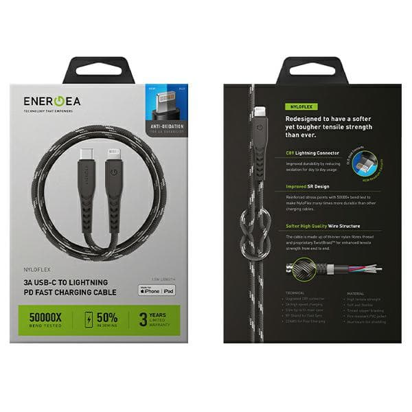 ENERGEA Nyloflex USB-C til Lightning-kabel C94 MFI 1,5m Sort