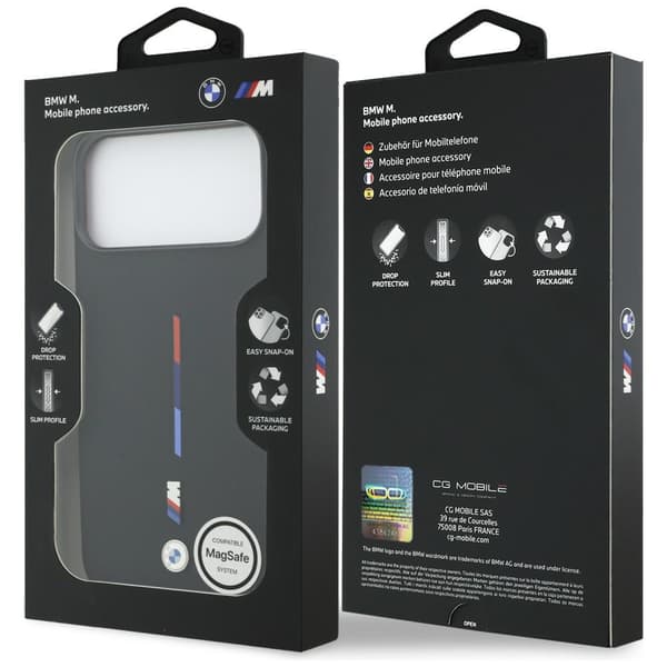 BMW M Silicon Tricolor Line MagSafedo iPhone 17 Pro Max -kotelo, musta