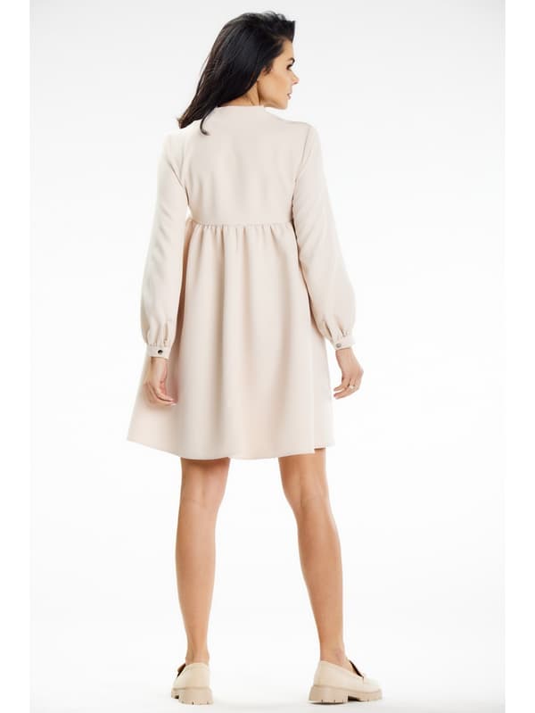 Mini V-ringad, långärmad trapetsklänning, beige, S
