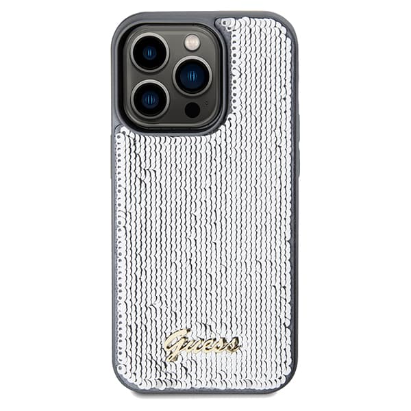Guess Sequin Script Metal-skal till iPhone 14 Pro, silver/silver
