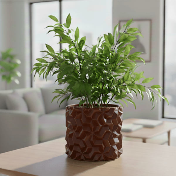 Brunt urtepotteskjuler med 3D geometrisk mønster til loftplanter