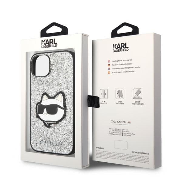 Karl Lagerfeld Glitter Choupette Patch-etui til iPhone 14 Plus, sølv