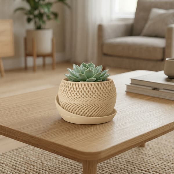Beige dekorativ blomkruka i rotting + växtbricka