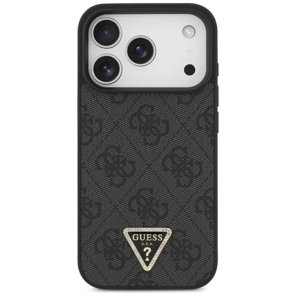 Guess Læder 4G Triangle Strass MagSafe-etui til iPhone 17 Pro, sort