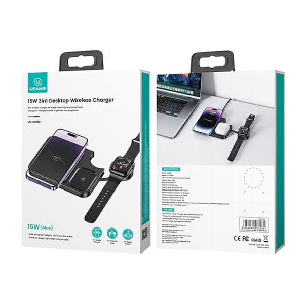 USAMS 3-i-1 15W trådløs oplader, sort