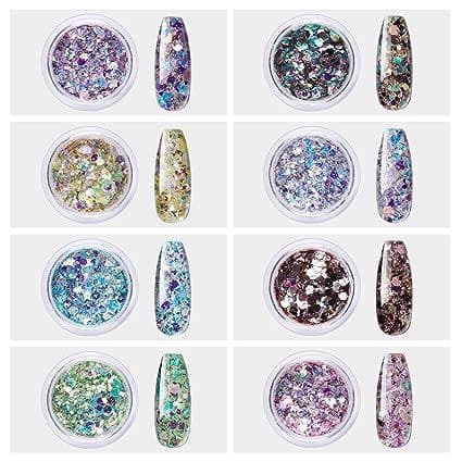 Glitterpulver til negledekoration, 8 farver