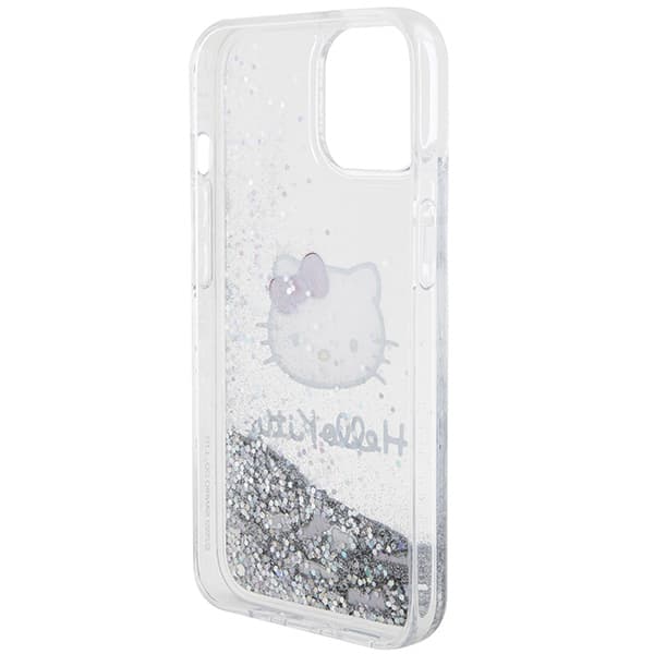 Hello Kitty Liquid Glitter Charms Kitty Head cover til iPhone 15, sølv