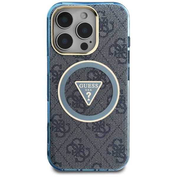 Guess IML Metal Glitter 4G Circle Triangle MagSafe-etui til iPhone 16 Pro blå