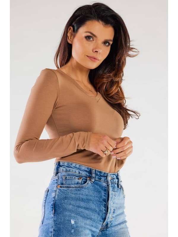 Enkel bomullsblus med V-ringning, beige L