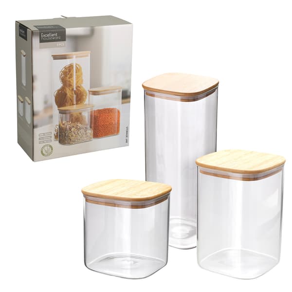 Set med 3 förvaringsburkar i glas