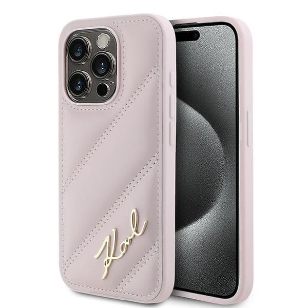 Karl Lagerfeld Diagonal Quilted Script -suojakuori iPhone 15 Pro Maxille, pinkki