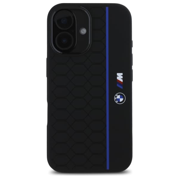 BMW Silikone Hexagon Blue Line MagSafe-etui til iPhone 16, Sort