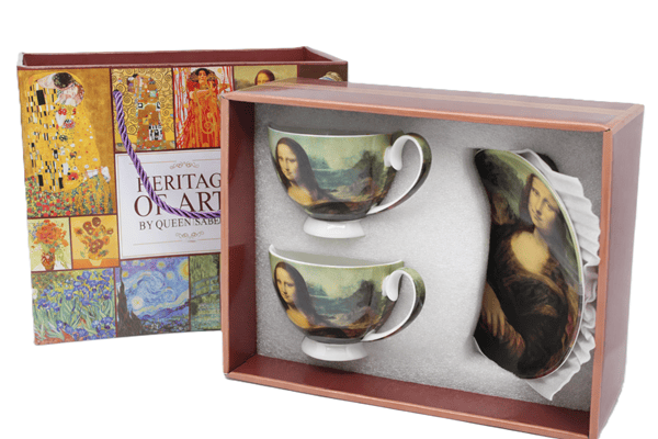 Mona Lisa porslinskoppar och fat, set om 2 - presentset