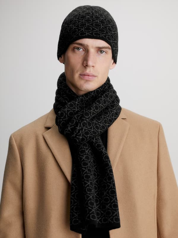 CALVIN KLEIN Herre vinterhue + tørklæde sæt sort uldblanding