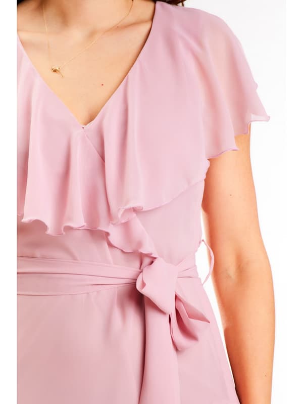 Asymmetrisk chiffonkjole med flæser, pudderrosa M