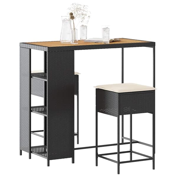 vidaXL 3-delt barsæt med hynder, sort polyrattan