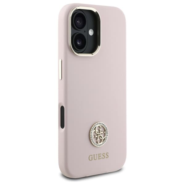 Guess Silikone Logo Strass 4G Etui til iPhone 16, lyserød/lyserød