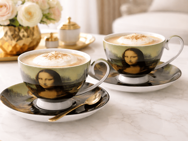 Mona Lisa porslinskoppar och fat, set om 2 - presentset