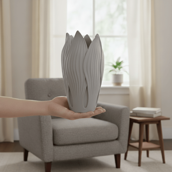 Dekorativ bladformet grå vase til blomster, moderne design