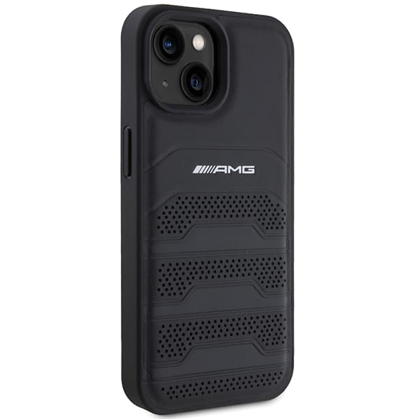 AMG lædercover med prægede linjer og sort logo til iPhone 15 Plus, sort