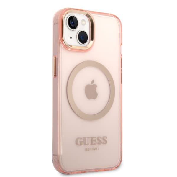 Guess Gold Outline Translucent MagSafe-etui til iPhone 14, lyserød