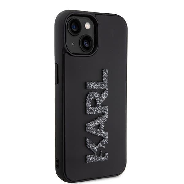 Karl Lagerfeld 3D Gummi Glitter Logo Etui til iPhone 15, Sort