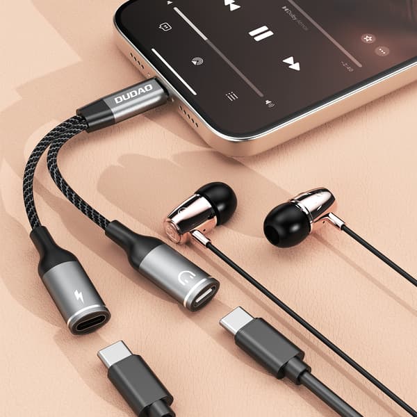 2in1 USB-C -jakoadapteri virralle ja kuulokkeille - harmaa