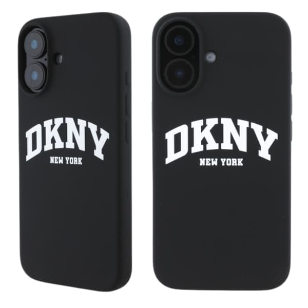 DKNY Liquid Silicone White Printed Logo MagSafe-etui til iPhone 16, sort