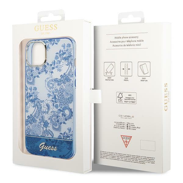 Guess Porcelain Collection-etui til iPhone 14 Plus, blå