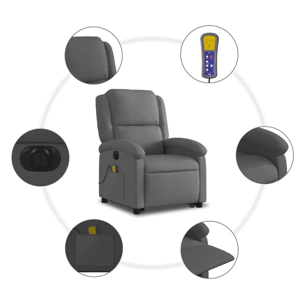 vidaXL massagestol med løftefunktion, grå, ægte læder