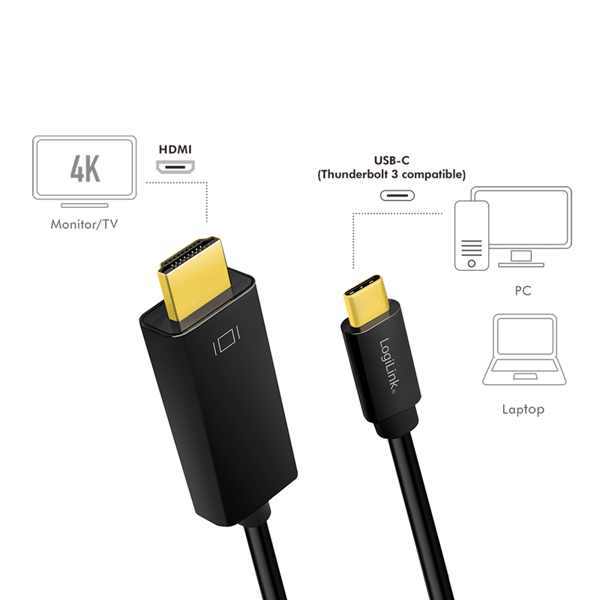 USB Typ-C, C/M till HDMI-A/M-kabel, 4K/60Hz, Svart, 3m