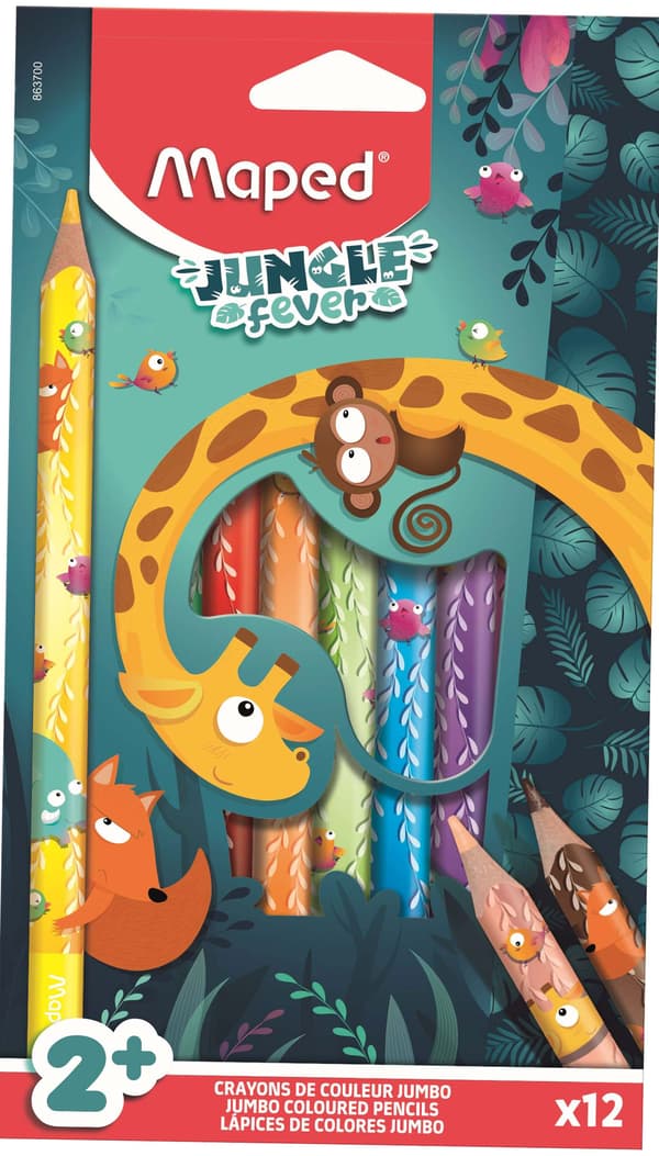 Jumbo Jungle Fever triangulära kritor. 12 färger