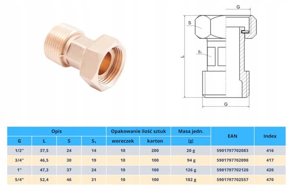 Lige messing halvforskruning til kedel 1/2” M/G, roterende møtrik SIZER