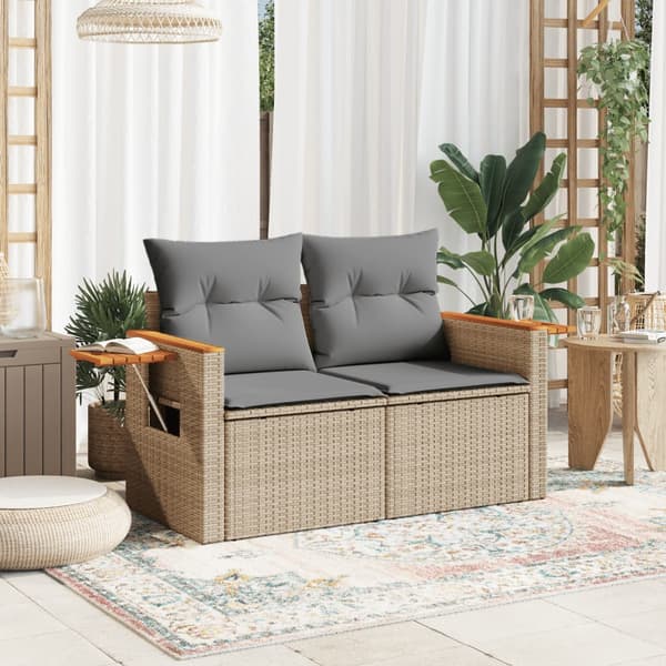 vidaXL Trädgårdssoffa med kuddar, 2-sits, beige, polyrotting