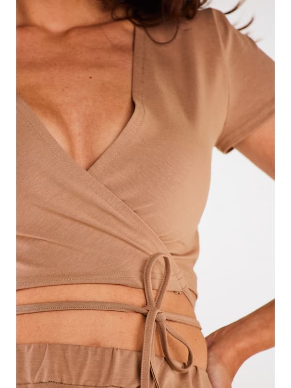 Bomulds crop top med wrap, beige S