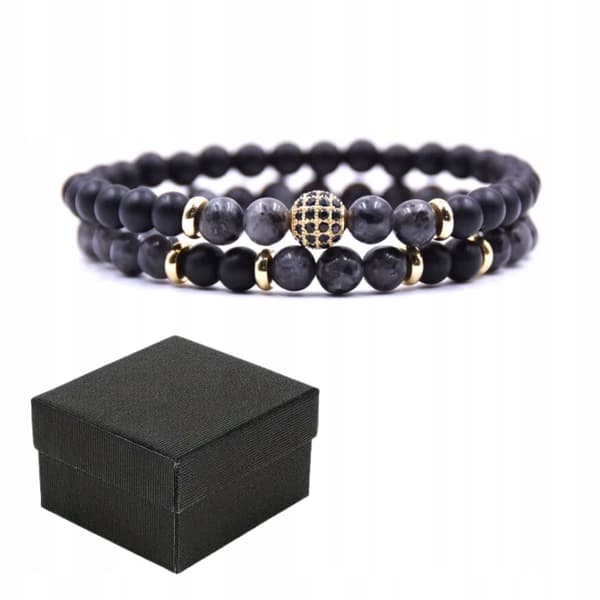 Sæt med 2 elegante sorte og grå armbånd med guldelement + æske