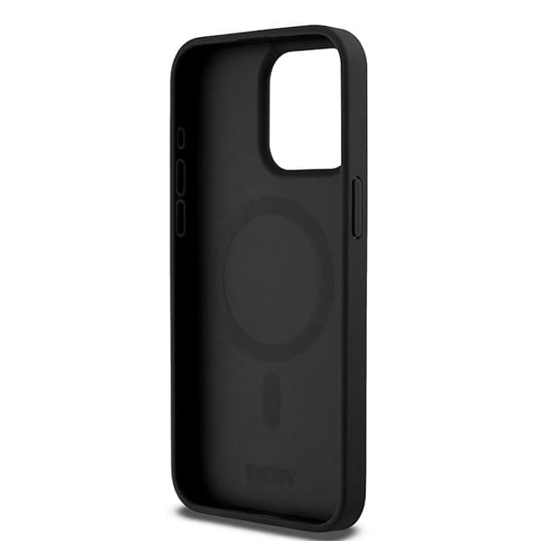 DKNY Lædermonogrammønster Metal Logo MagSafe-etui til iPhone 15 Pro Max, Sort