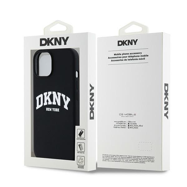 DKNY Liquid Silicone White Printed Logo MagSafe-etui til iPhone 15, sort