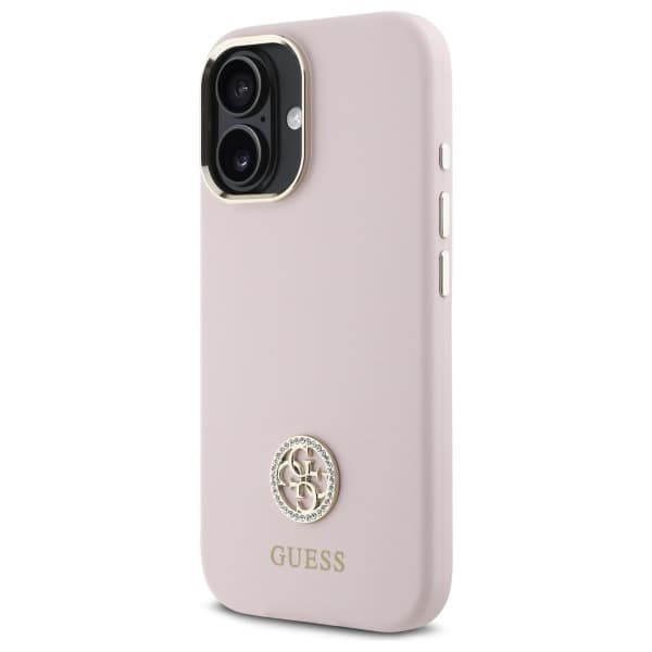 Guess Silikone Logo Strass 4G Etui til iPhone 16, lyserød/lyserød
