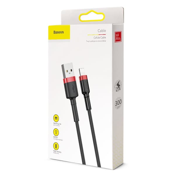 Holdbart nylonkabel USB iPhone Lightning QC3.0 2A 3M sort og rød