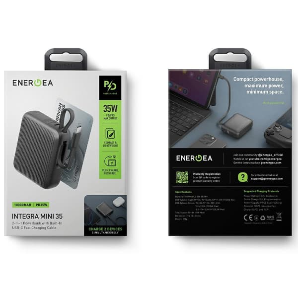PowerBank Energea Integra Mini 35 10000mAh USB-C-kaapeli PD35W harmaa