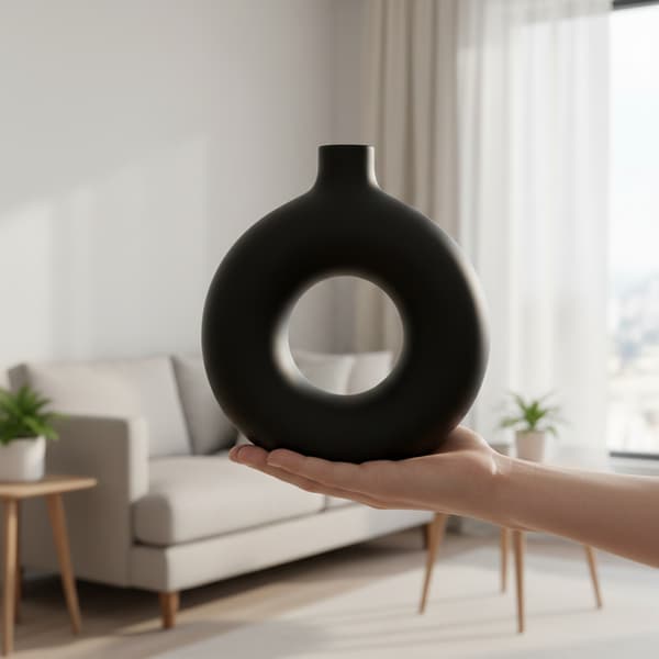 Rund dekorativ vase med hul, sort, til blomster, minimalistisk