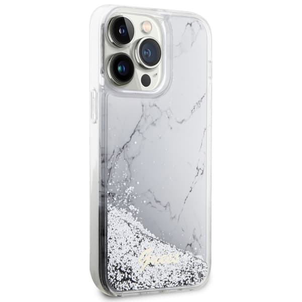 Guess Liquid Glitter Marble Cover til iPhone 14 Pro Max, Hvid